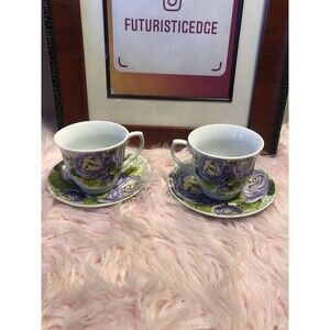 China Tea Cup and Saucer Set 2 Purple Green Lily